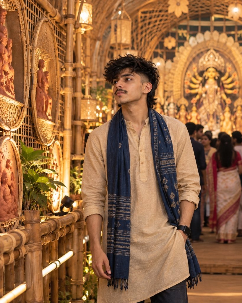 Editorial portrait: Natural beige kurta with indigo stole inside eco-themed bamboo pandal